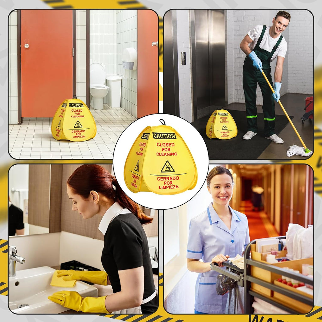 6 Pack 16" Pop-up Wet Floor Sign Closed for Cleaning Signs Yellow 4-sided English/Spanish Warning Foldable Highly
