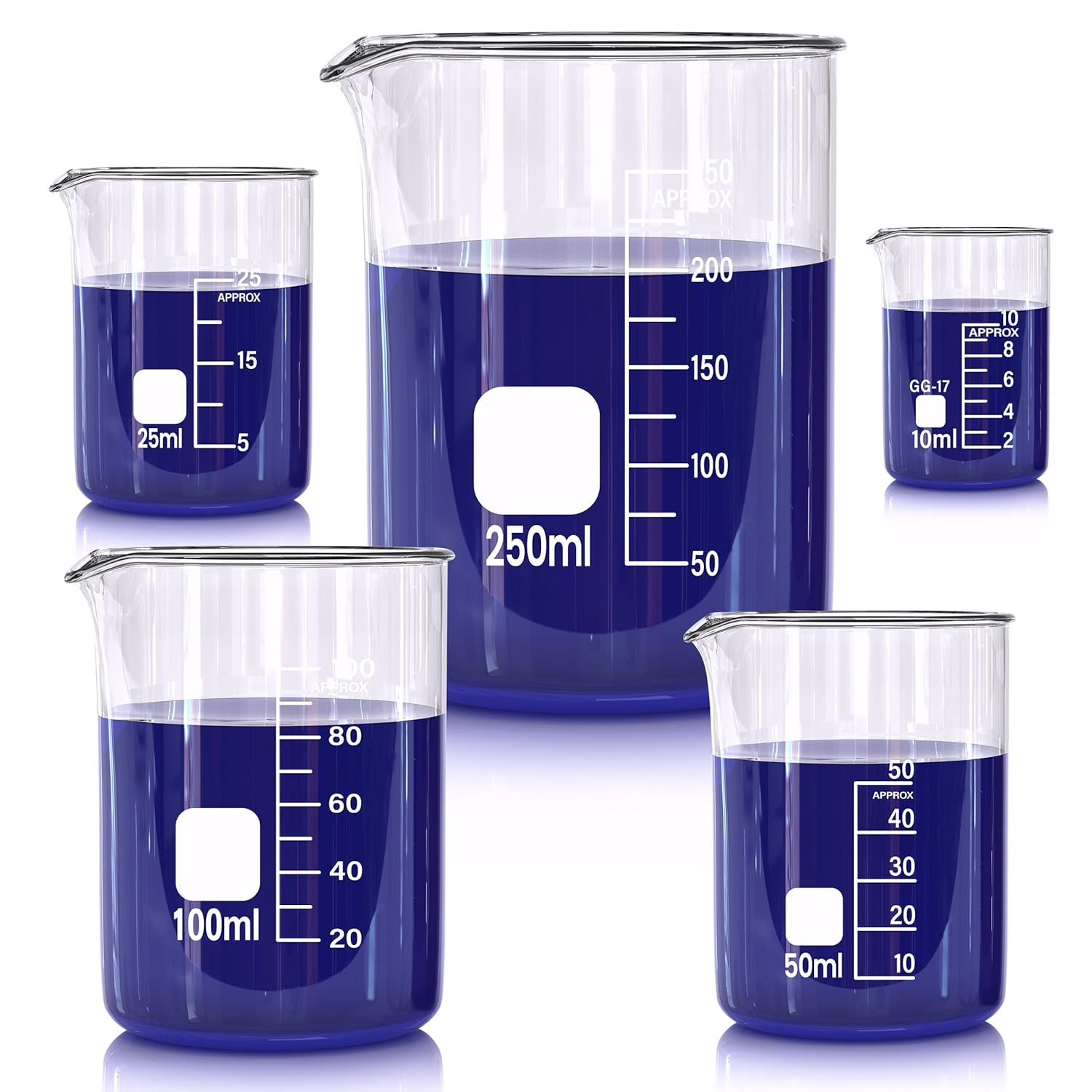 Glass Beakers Set, 5 Sizes - 10ml, 25ml, 50ml, 100ml, 250ml, 3.3 Borosilicate Beaker for Laboratories, Classrooms or