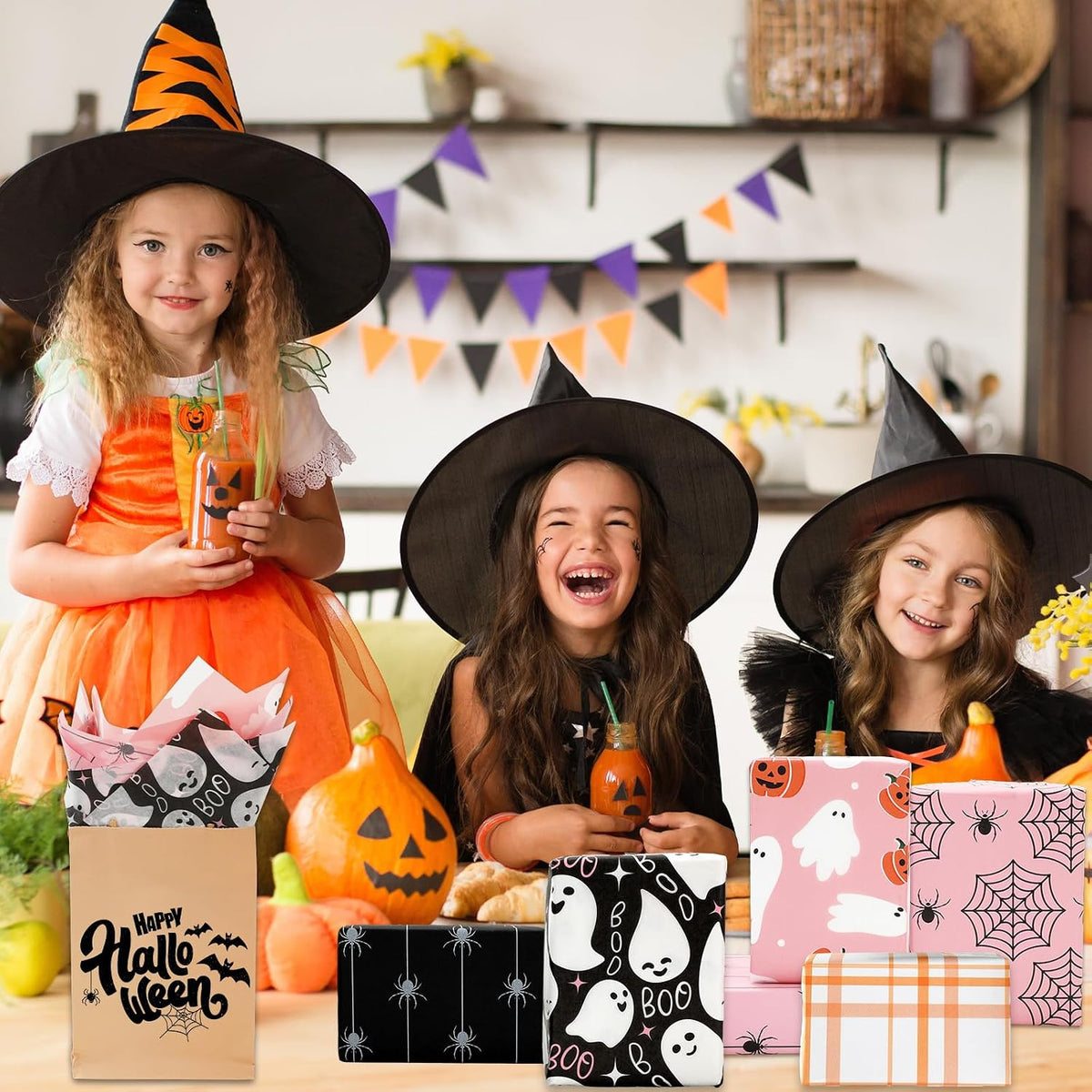 105 Sheets Halloween Tissue Papers 7 Designs Pink Orange Black Wrapping Paper Ghost Pumpkin Spider Web Decorative Art