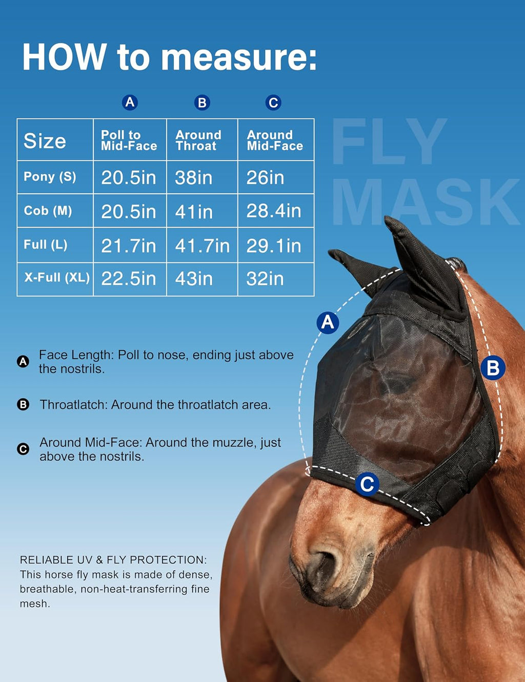 Horse Fly Mask with Ears, Comfy UV-Protective Fly Mask for Horses
