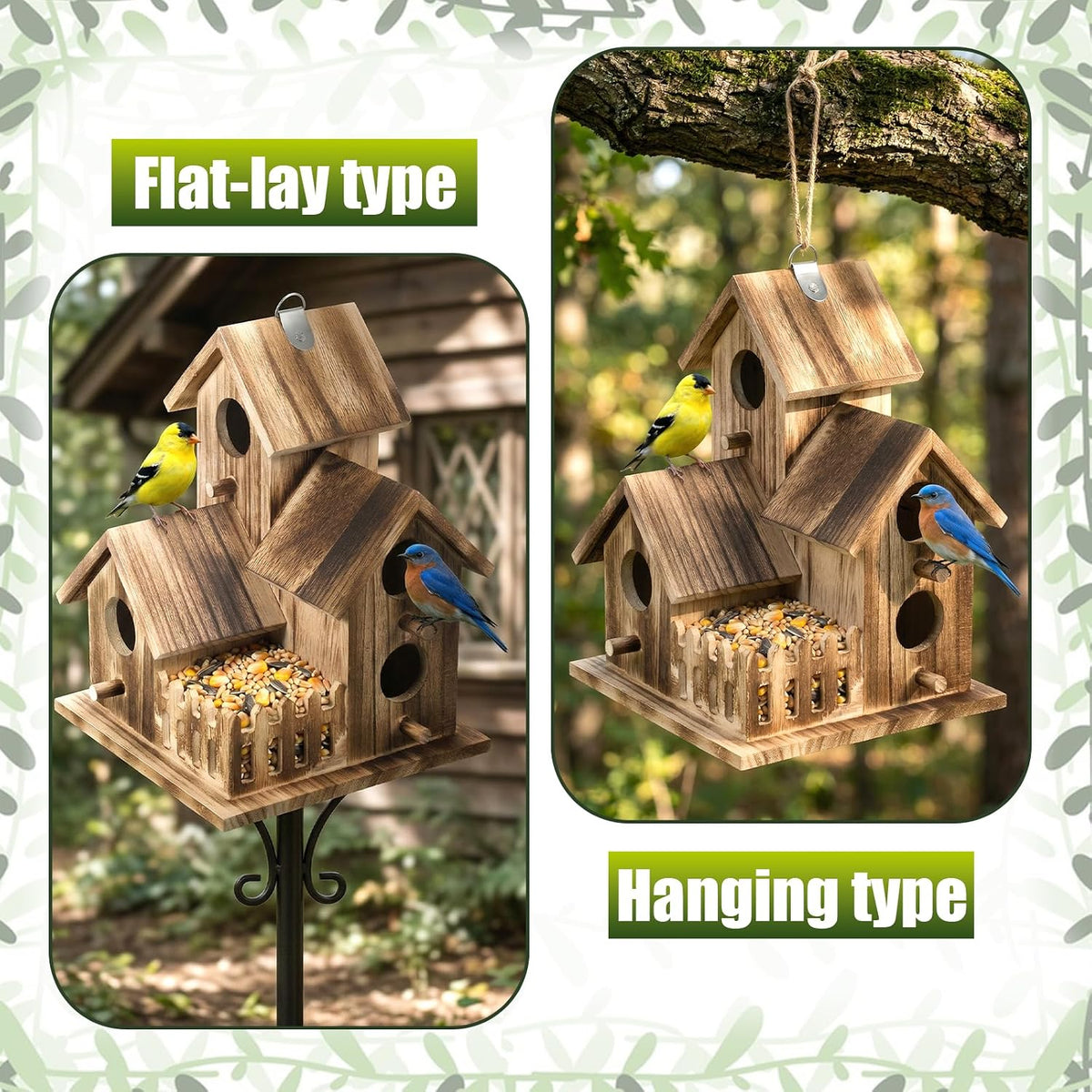 Bird House for Outside, Outdoor 3 Hole Bird House Room Bluebird Finch Wooden Hanging Birdhouse Handmade Wooden
