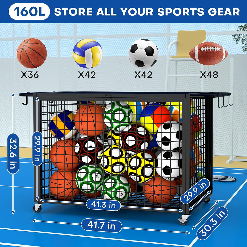 41.7" Extra Large Ball Cart Storage Rolling with Lockable Wheels Lid | Removable Handle, Holds Up to 36 Balls