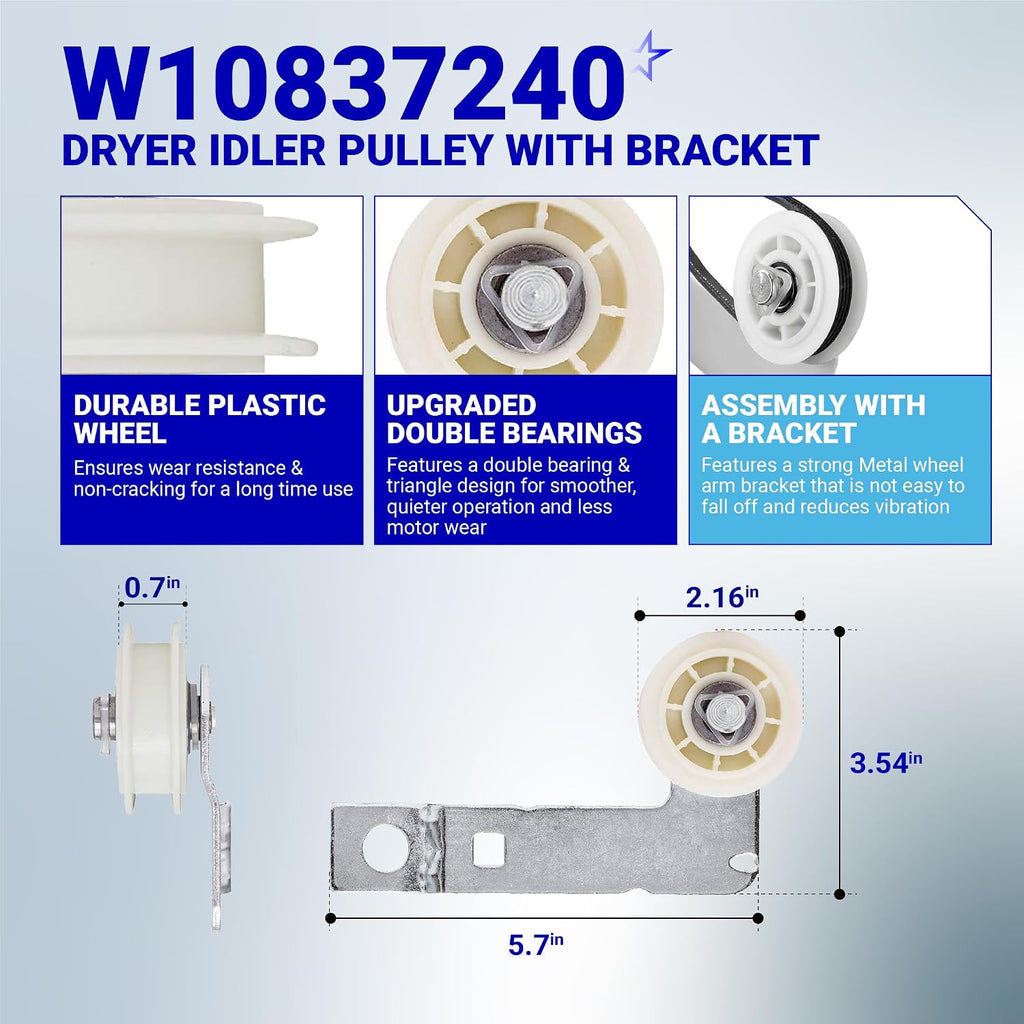 661570V 661570 & 279640 & W10837240 Dryer Drum Belt Idler Pulley Kit | Dryer Repair Kit For Whirlpool Maytag Kenmore