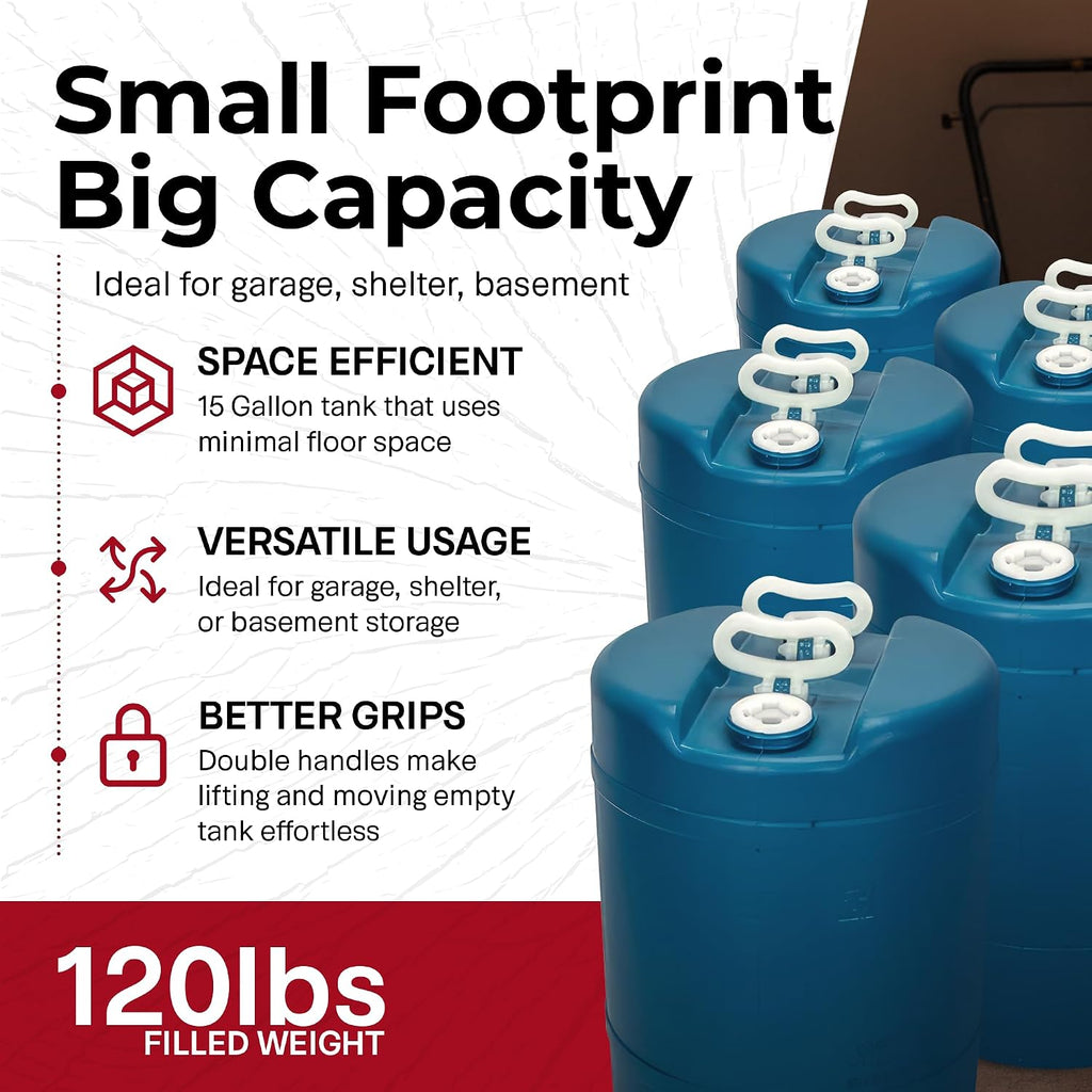 Legacy Food Storage Emergency Water Storage Container, 15 Gallon Long-Term Water Tank, BPA-Free Food Grade Plastic