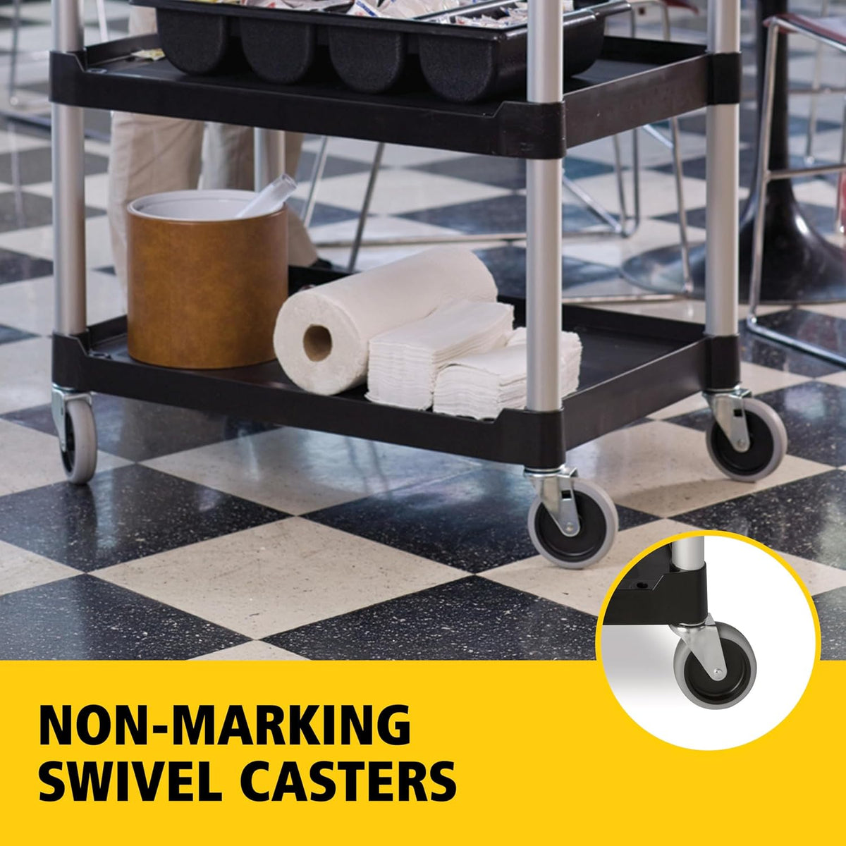 3-Shelf Service Push Cart, 200lb, Black