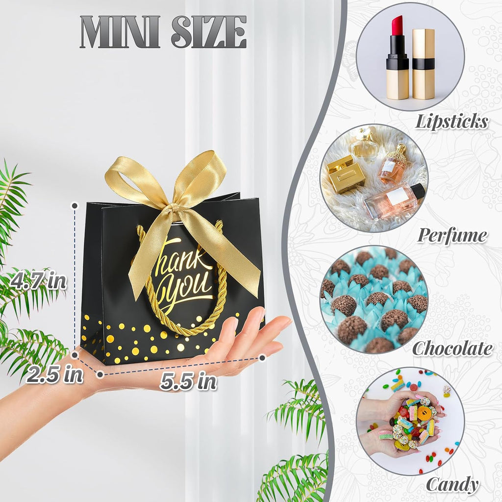 50Pcs Small Thank You Gift Bags with Handles & Bows, Black/Gold