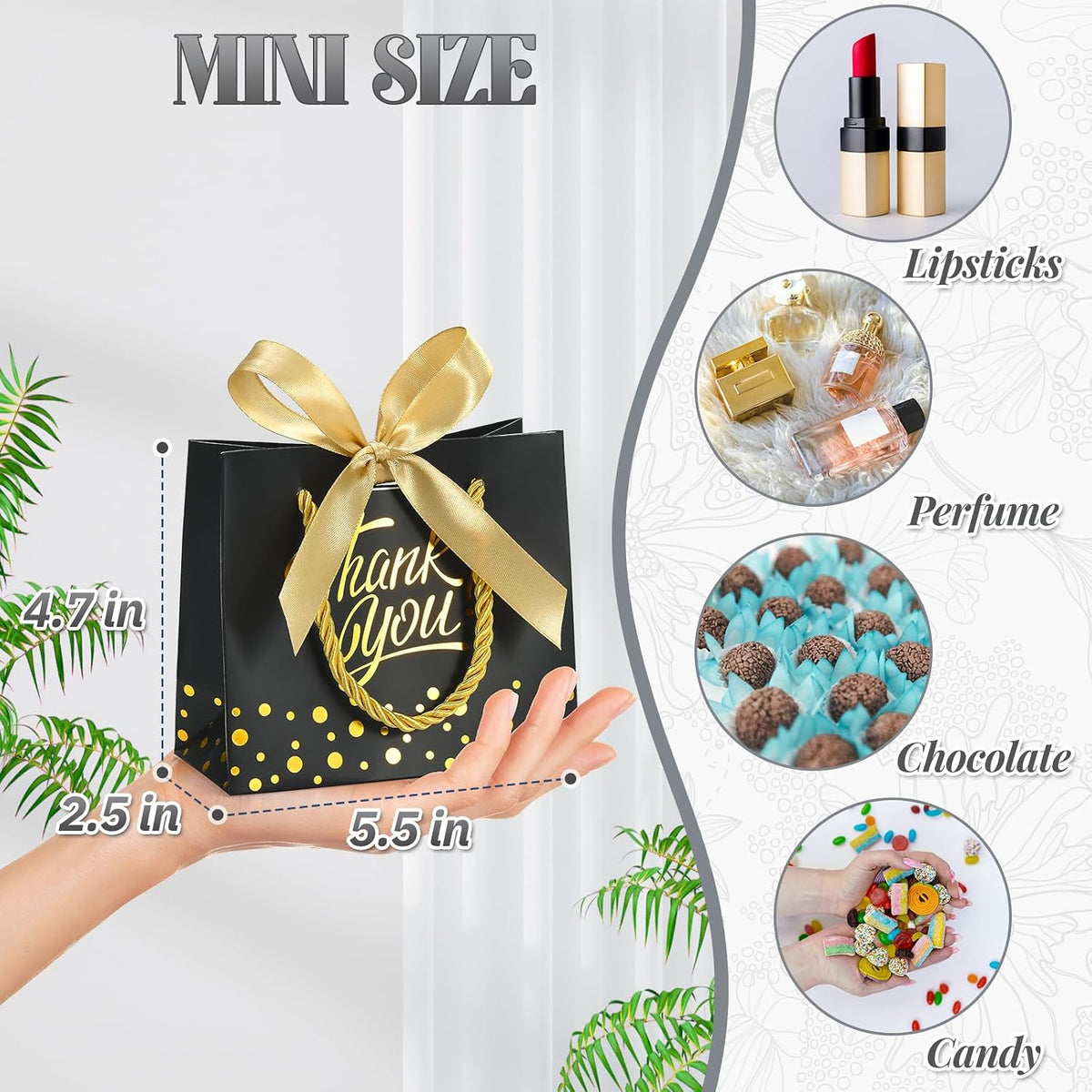 50Pcs Small Thank You Gift Bags with Handles & Bows, Black/Gold