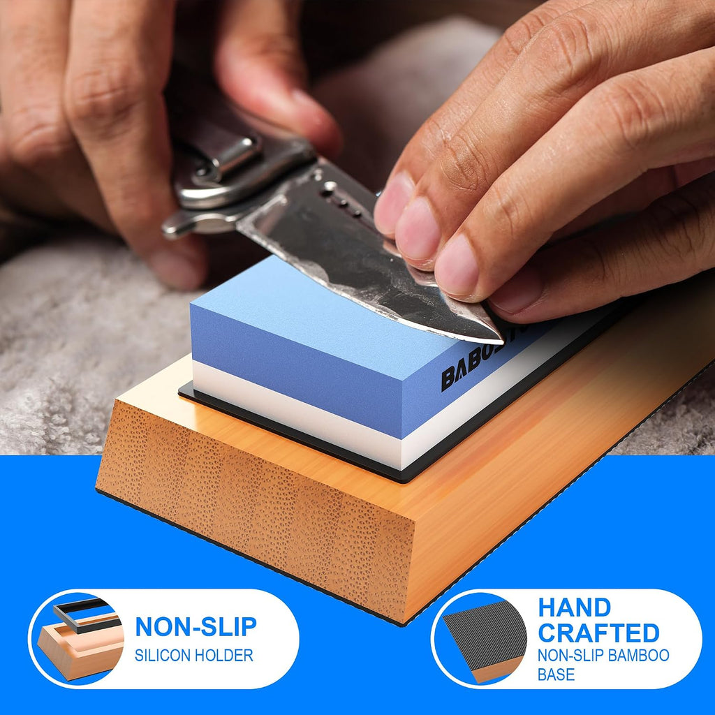 Knife Sharpening Stone 1000/6000 Grit with Base & Angle Guide | Dual Premium Whetstone with NonSlip Bamboo Base