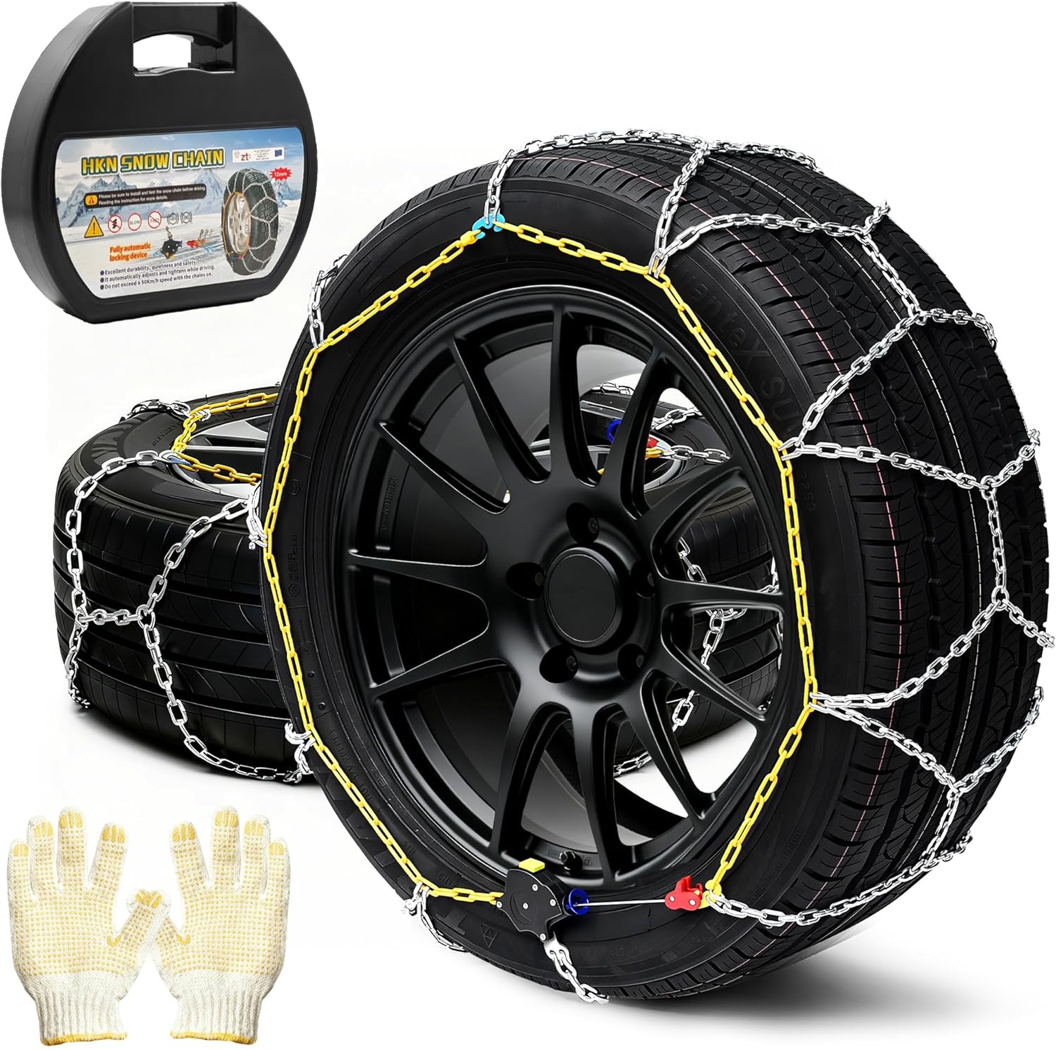 Auto Tightening Snow Chains Tire Chains Quick Easy Installation HKN120 Set of 2 for Cars SUV Pickup Trucks RV 215 225