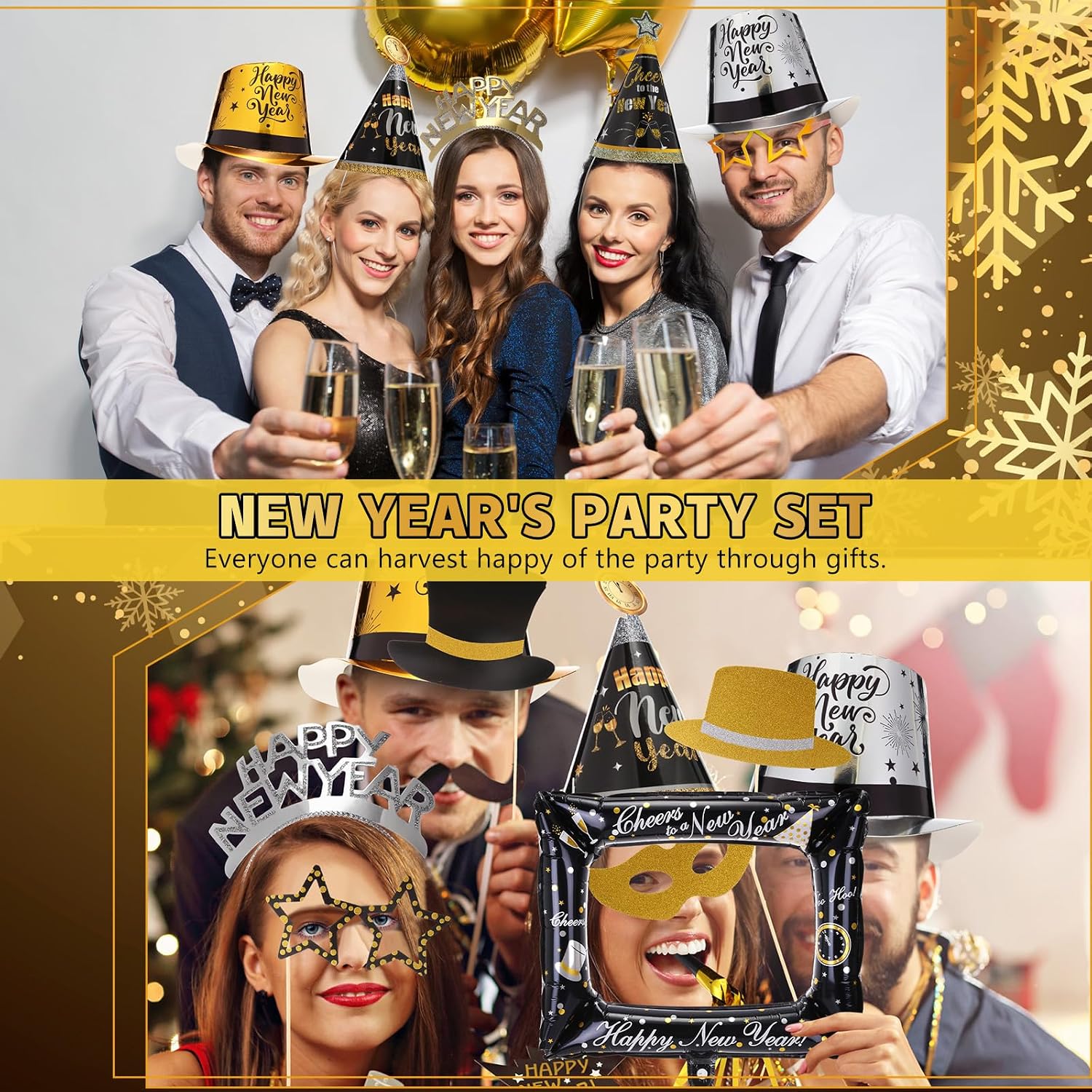 328 Pcs New Years Eve Party Supplies Set 2027 for 48 People Include Top Hats Cone Hats Headband Tiara Horns Noise