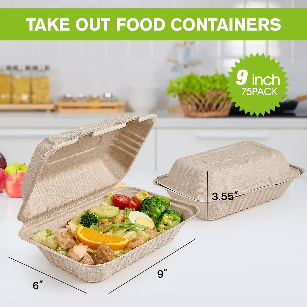 75 Pack Compostable Clamshell Take Out Food Containers, 9x6 inch