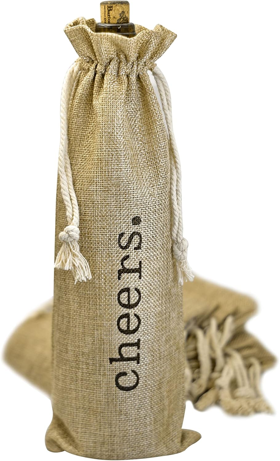 Drawstring Burlap Wine Bags, 12 Jute Wine Bottle Gift Bags, Cheers Print