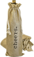 Drawstring Burlap Wine Bags, 12 Jute Wine Bottle Gift Bags, Cheers Print