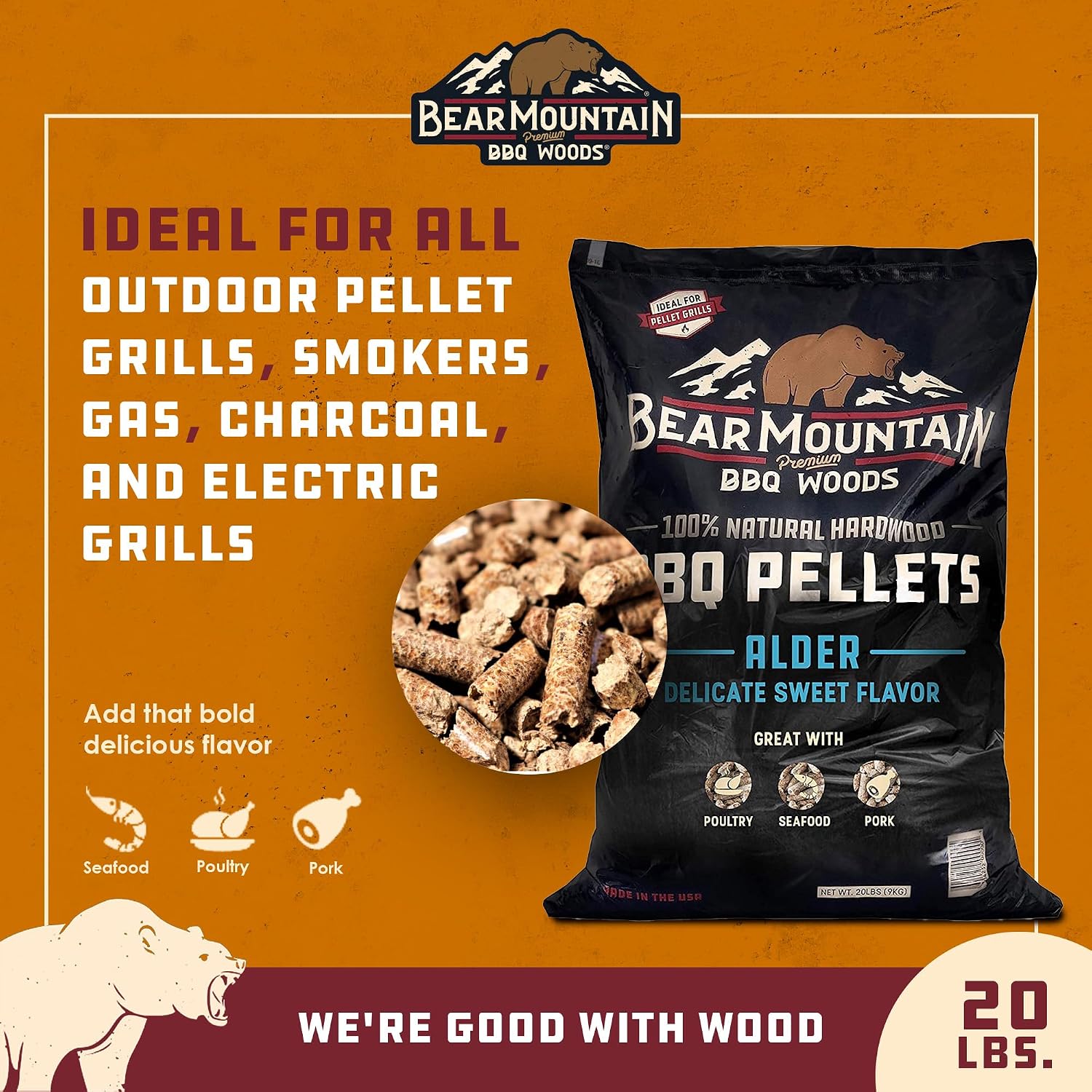 All Natural Hardwood Pellets, Alder Wood 20 Pound Bag, Ideal for Pellet Smokers, Smoky Wood Fired Flavor (2 Pack)