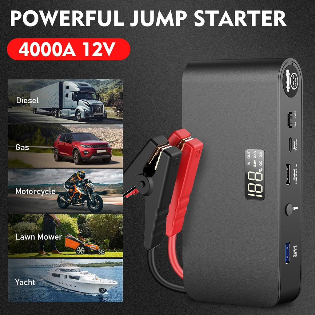 4000A 12V Car Battery Jump Starter 16000mAh for Car Boat Lawnmower