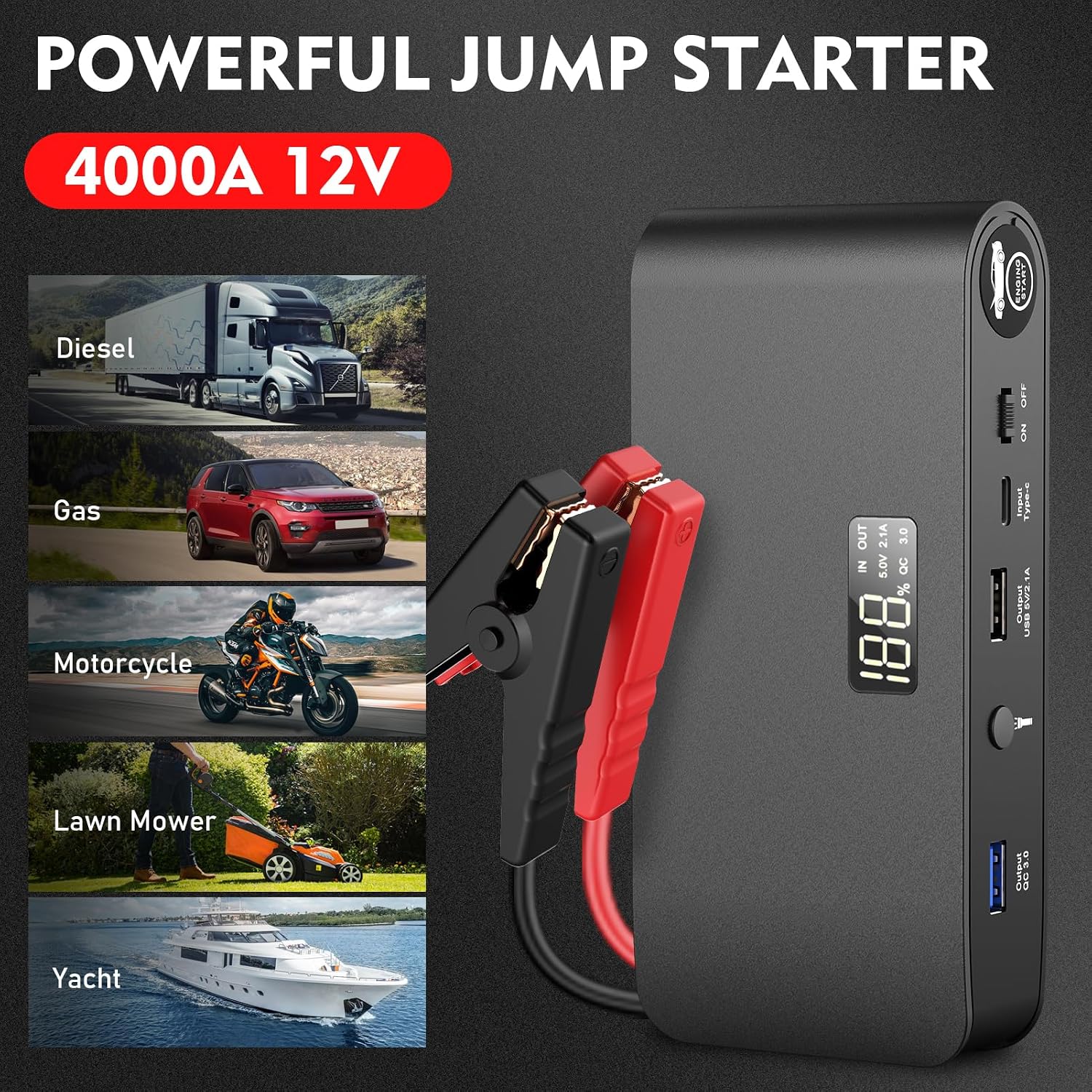 4000A 12V Car Battery Jump Starter 16000mAh for Car Boat Lawnmower