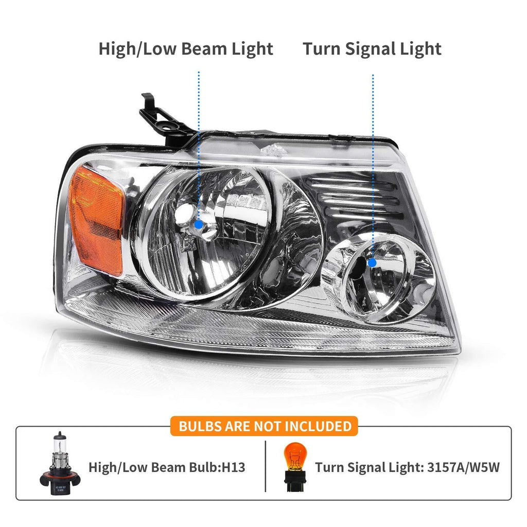 Headlight Compatible with 2004-2008 Ford F150 Chrome Housing