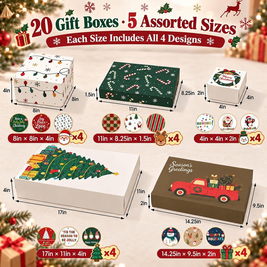 20 Pack Christmas Gift Boxes with Lids, 5 Sizes, 20 Festive Designs