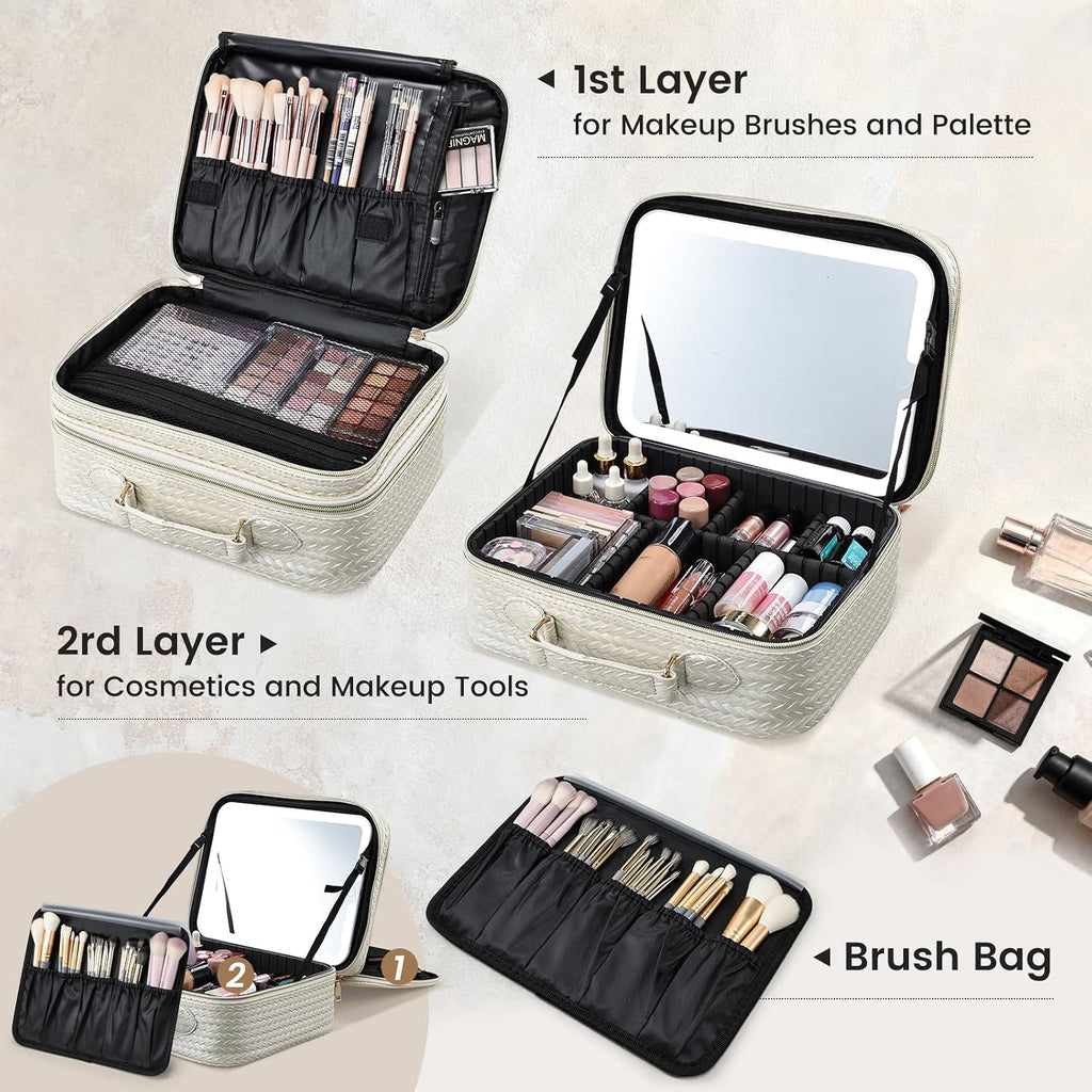 Makeup Bag with LED Lighted Mirror 12.2 IN Cosmetic Train Case Double Layer Makeup Case Adjustable Brightness in 3