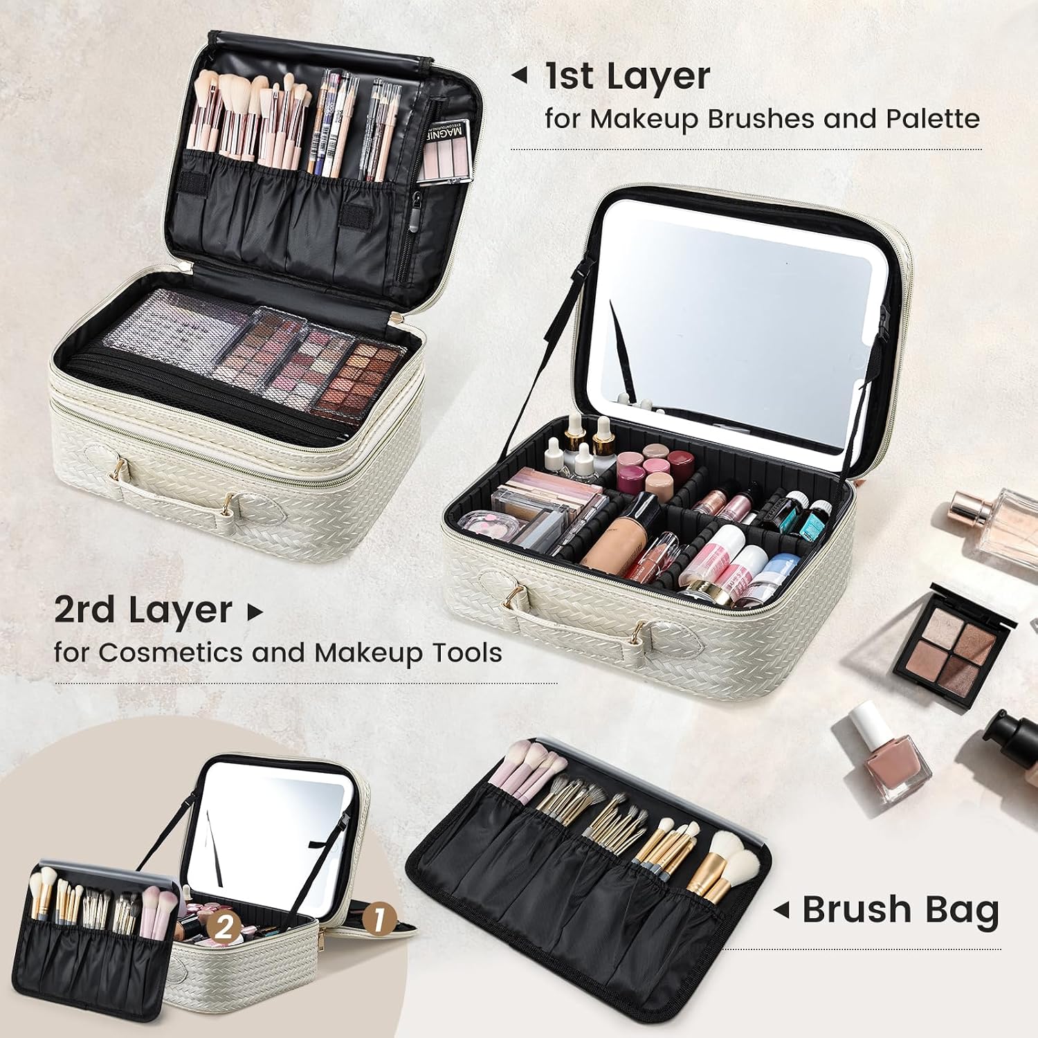 Makeup Bag with LED Lighted Mirror 12.2 IN Cosmetic Train Case Double Layer Makeup Case Adjustable Brightness in 3