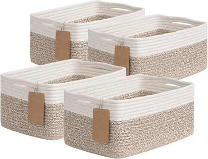 4 Pack Storage Baskets for Shelves, Rectangle Woven Baskets for Organizing, Cotton Rope Storage Bins for Baby Toys