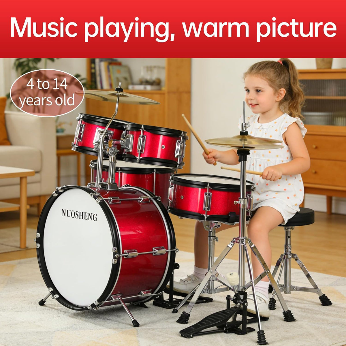 Kids Drum Set, 5 Piece 16in Junior Beginner Drum Kit for Toddlers 2-9 Years Old, Youth Full Drum Set with Adjustable