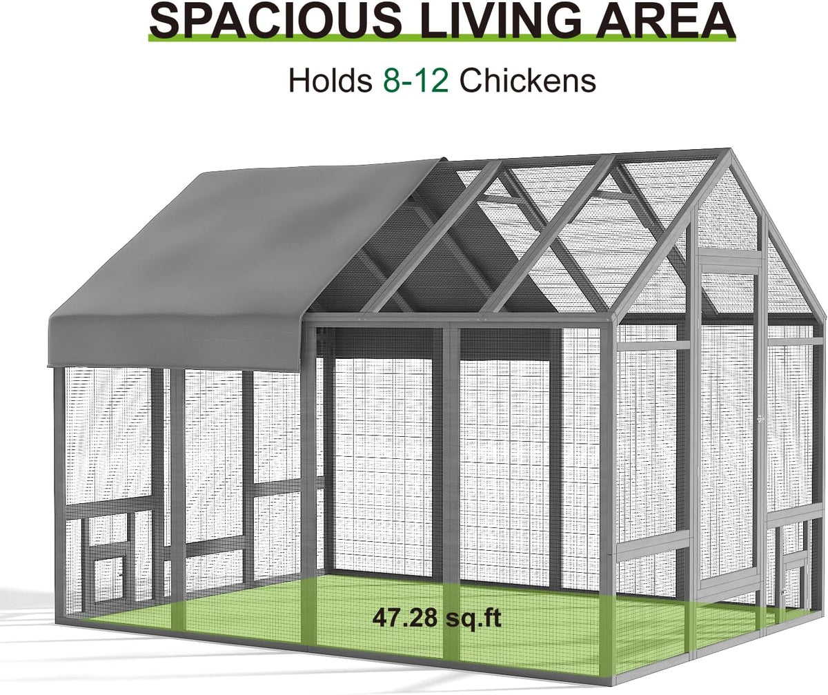 Large Wood Chicken Coop with Nesting Box for10-12 Chickens, Gray