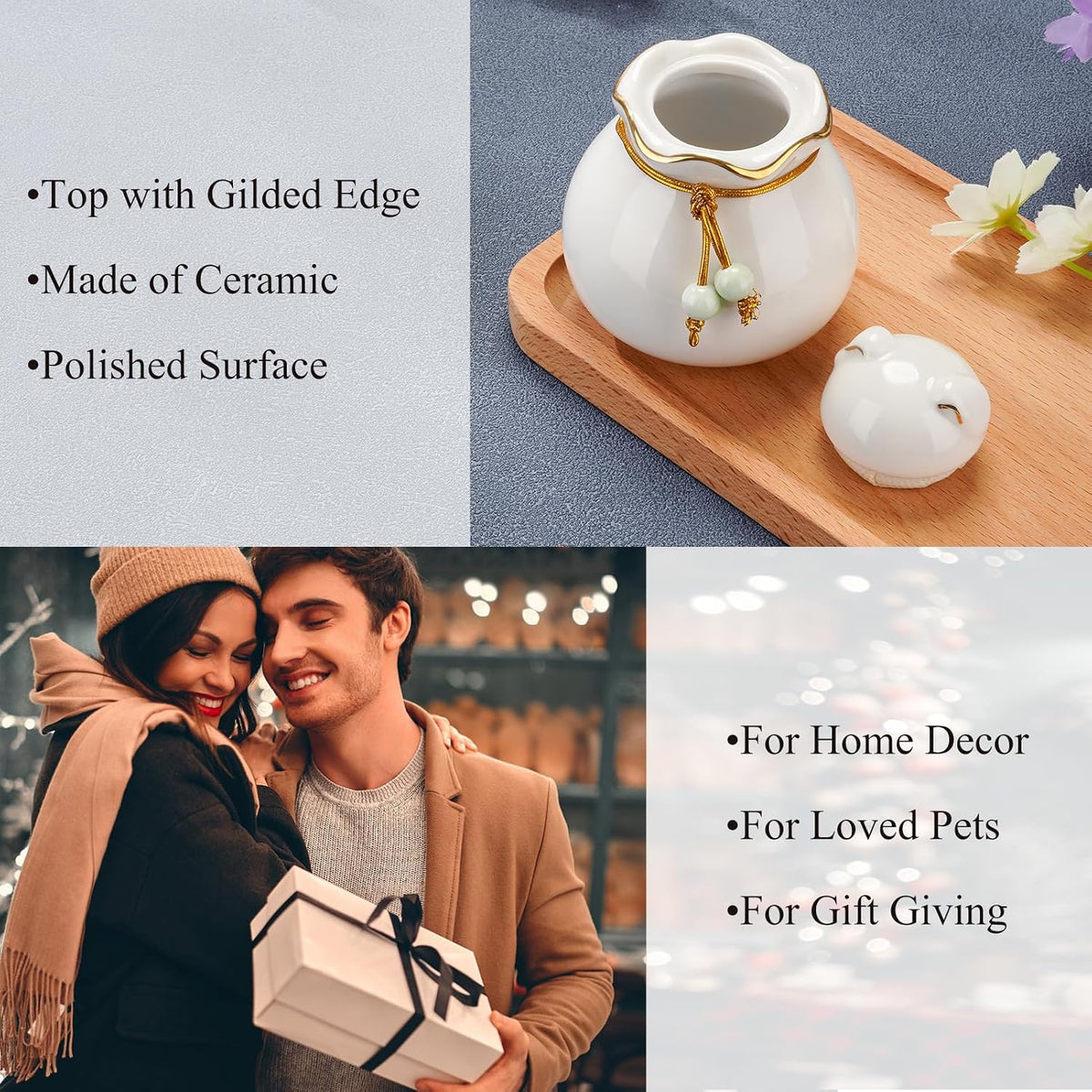 Pet Memorial Urn for Cat or Dog Ashes - 3.54"x3.15" Elegant Ceramic Keepsake Holder with Pet-Shaped Lid & Gold Trim
