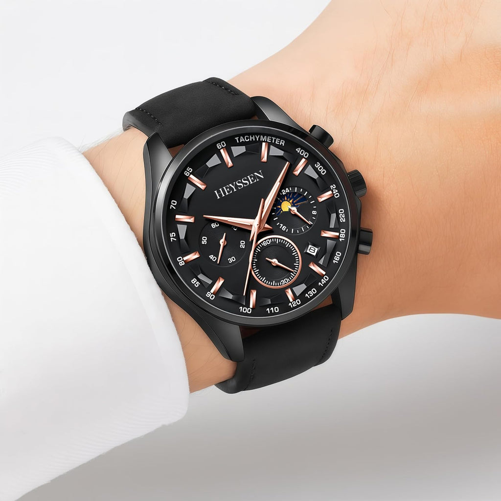 Watches for Men Chronograph Analog Luminous Quartz Watch Blue Black Luxury Genuine Leather Mens Watches Business