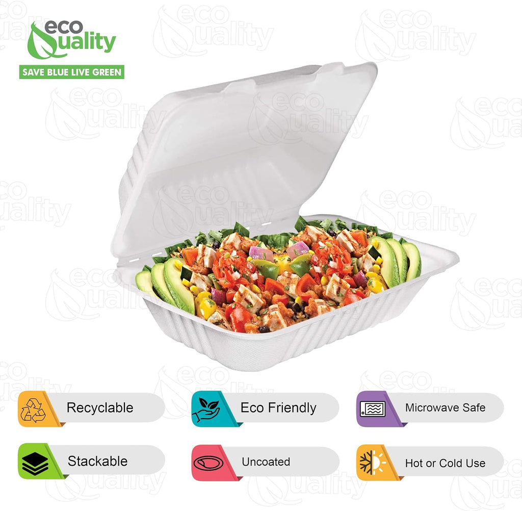 [10 PACK] EcoQuality White 6 x 9 x 3 in. Compostable Clam Shell Hinged Take Out Food Container - Sugarcane Bagasse