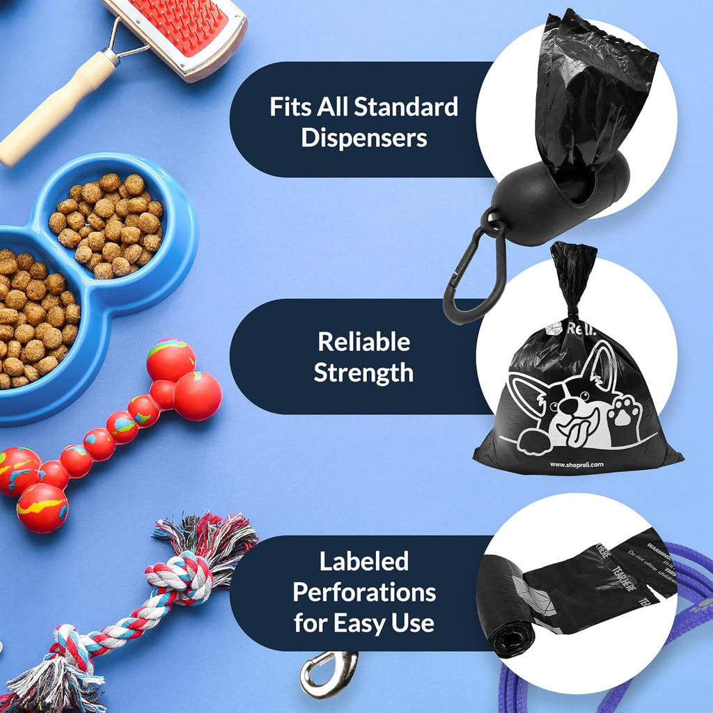 Dog Poop Bags w/Holder (360 Pack - 24 Rolls) | Leash Clip Dispenser | 9x13" Large Dog Bag for Poop | Black Pet Waste