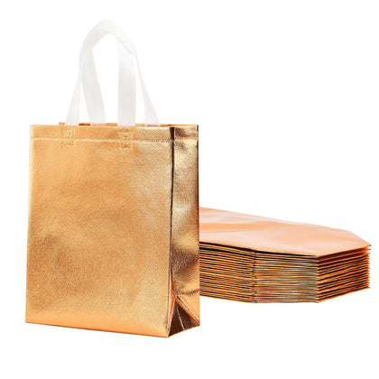 PIO Gift Bags with Handles 15 Pack, Medium 8x4x10 Inch Rose Gold Reusable Gift Bags, Holographic Non Woven Party