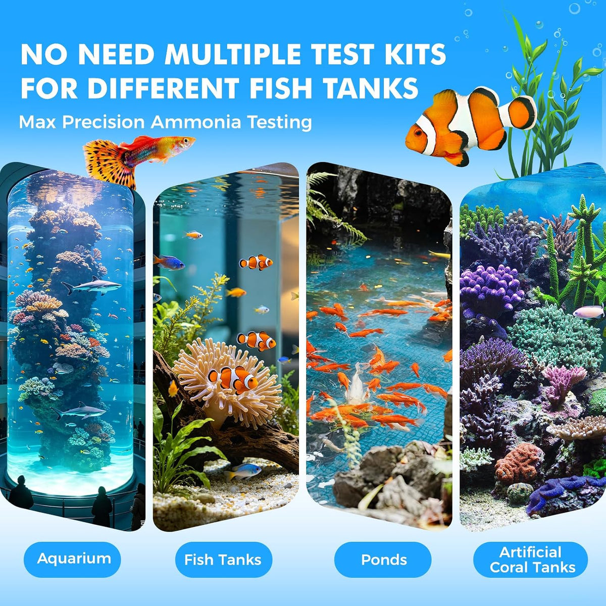 8-Way Aquarium Test Strips with Ammonia, 50PCS Fish Tank Test Kit