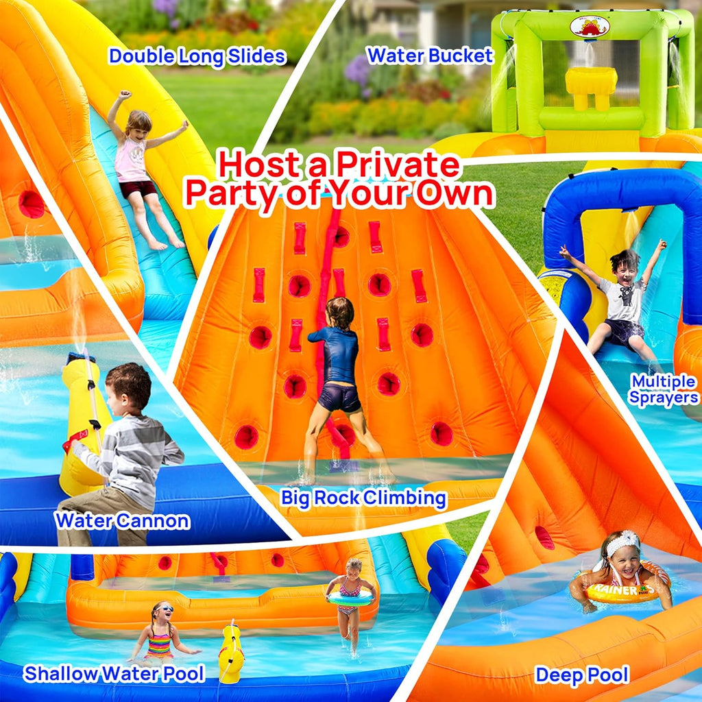 Inflatable Water Slide, Bounce House with Water Bucket, Deep Pool, Climbing Wall with Rope, Bouncy Castle with Air