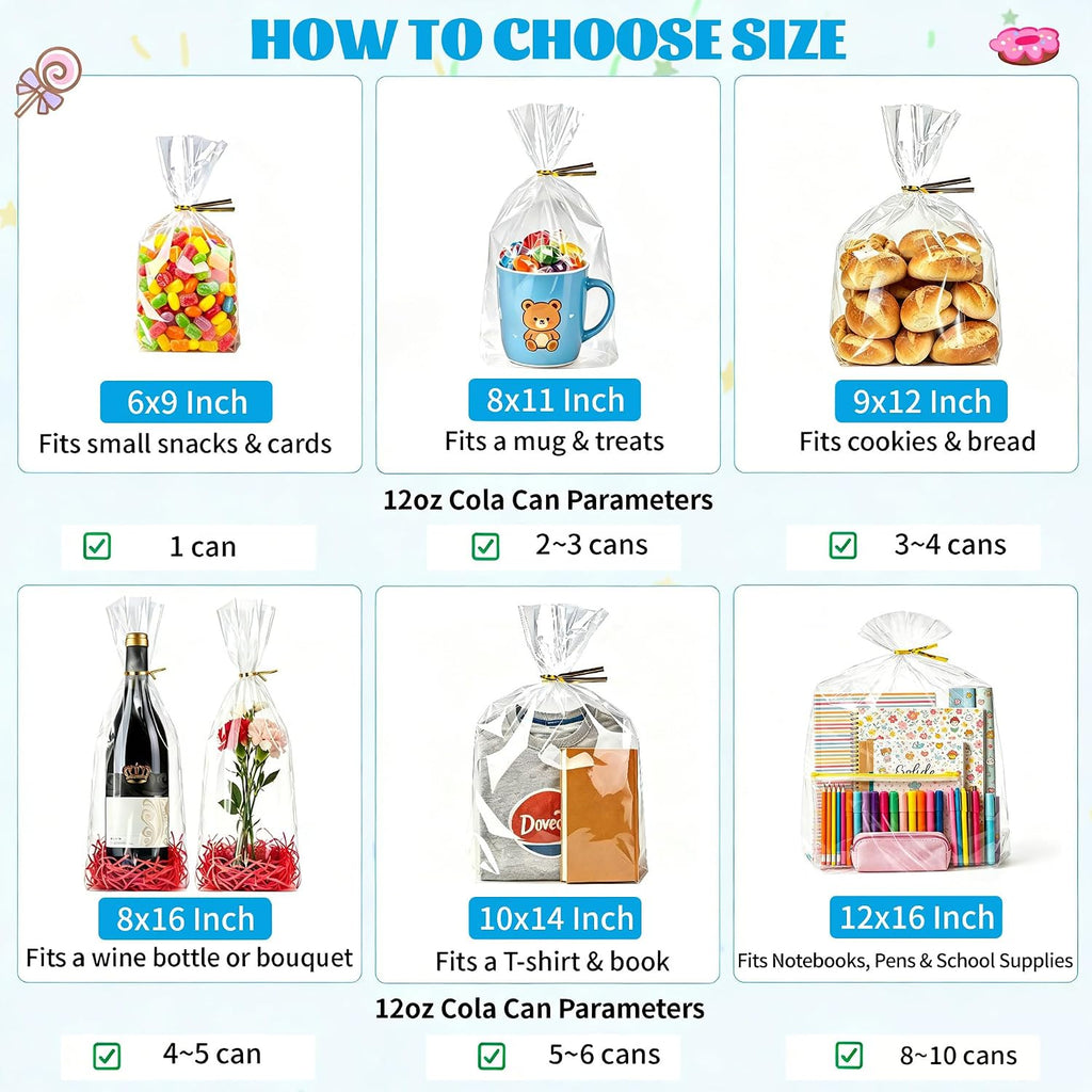 Clear Gift Bags 9x12 Inch, 50 Pack Flat Bottom Cellophane Bags