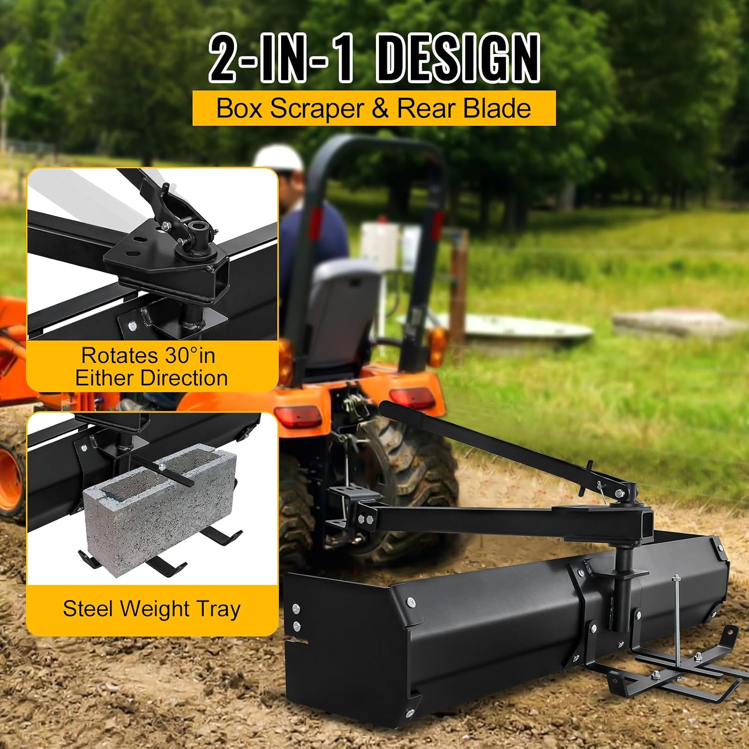 42 Inch Tow Behind Box Scraper, Lawn Tractor Attachments with Tractor Box Blade Sleeve Hitch Tow, Suitable for