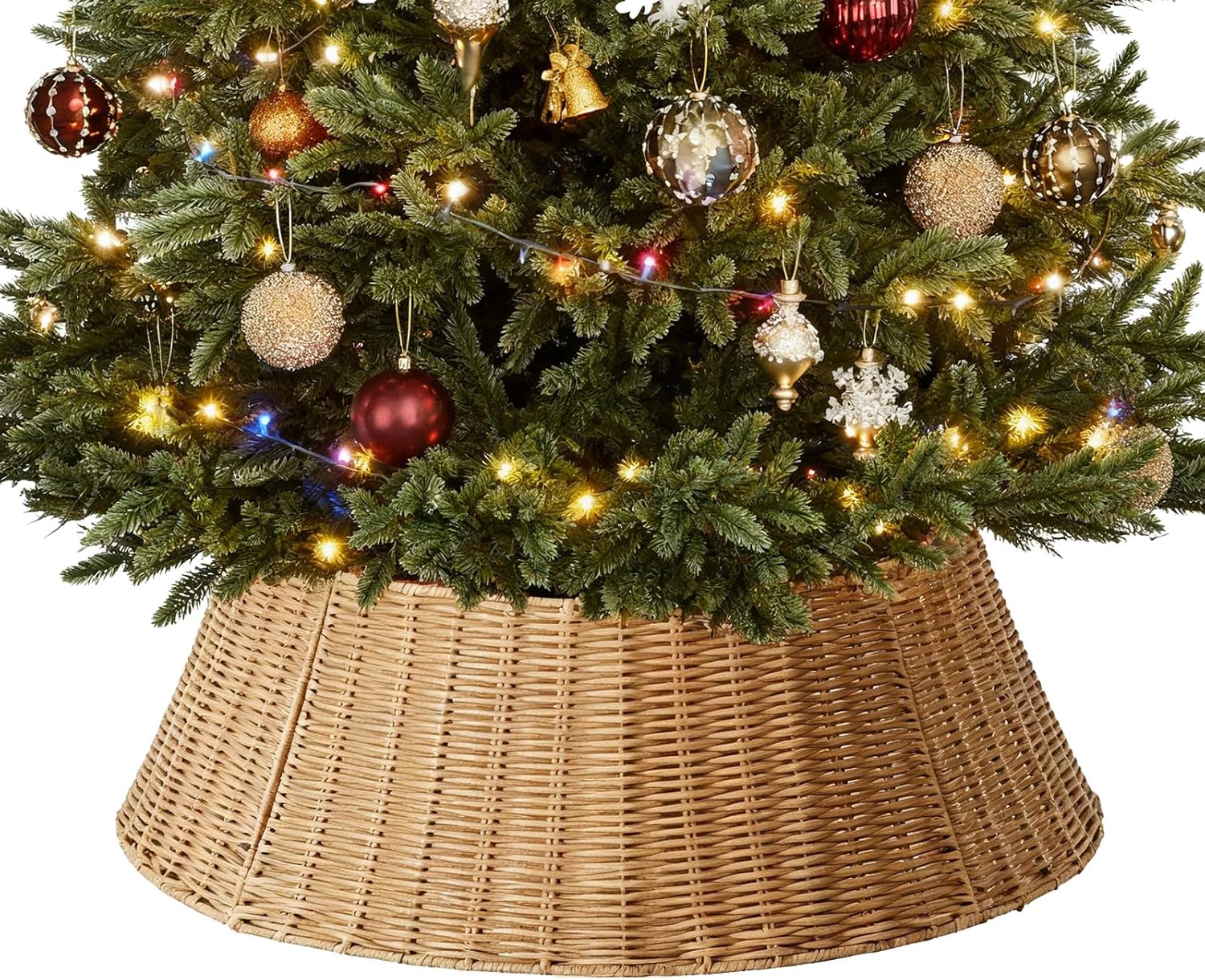 27in Christmas Tree Collar, Wicker Skirt for 7.5ft Artificial Trees, 4-Piece Wicker Base Cover, Natural