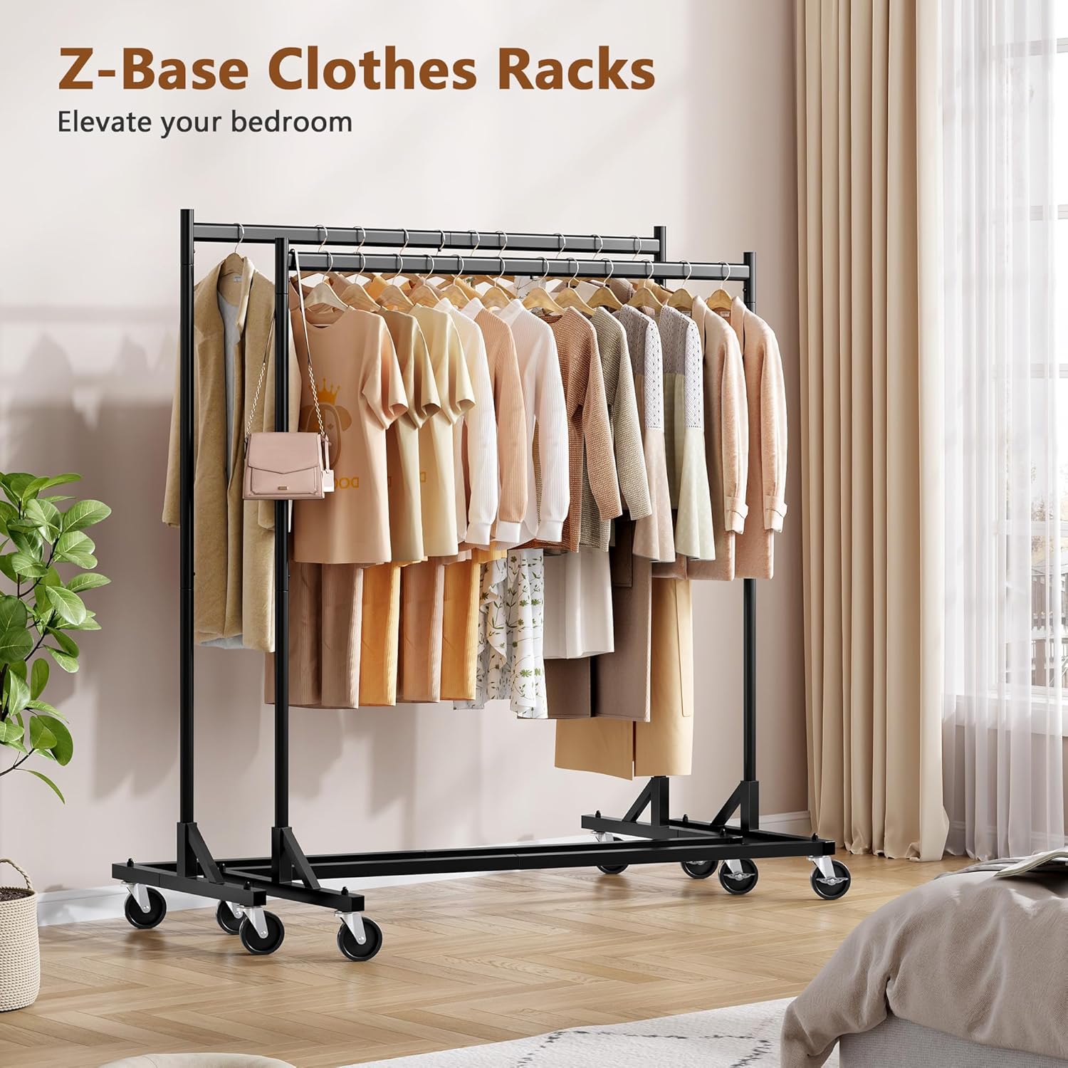 Z Rack Set of 2, Rolling Clothing Racks with Z-Base, Heavy Duty Garment Racks Set of 2, Clothes Rack on Wheels with