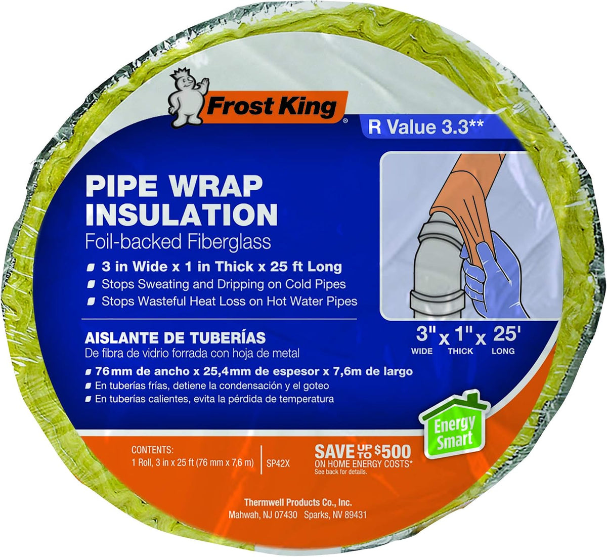 Foil Backed Fiberglass Pipe Wrap, 3"x1"x25'