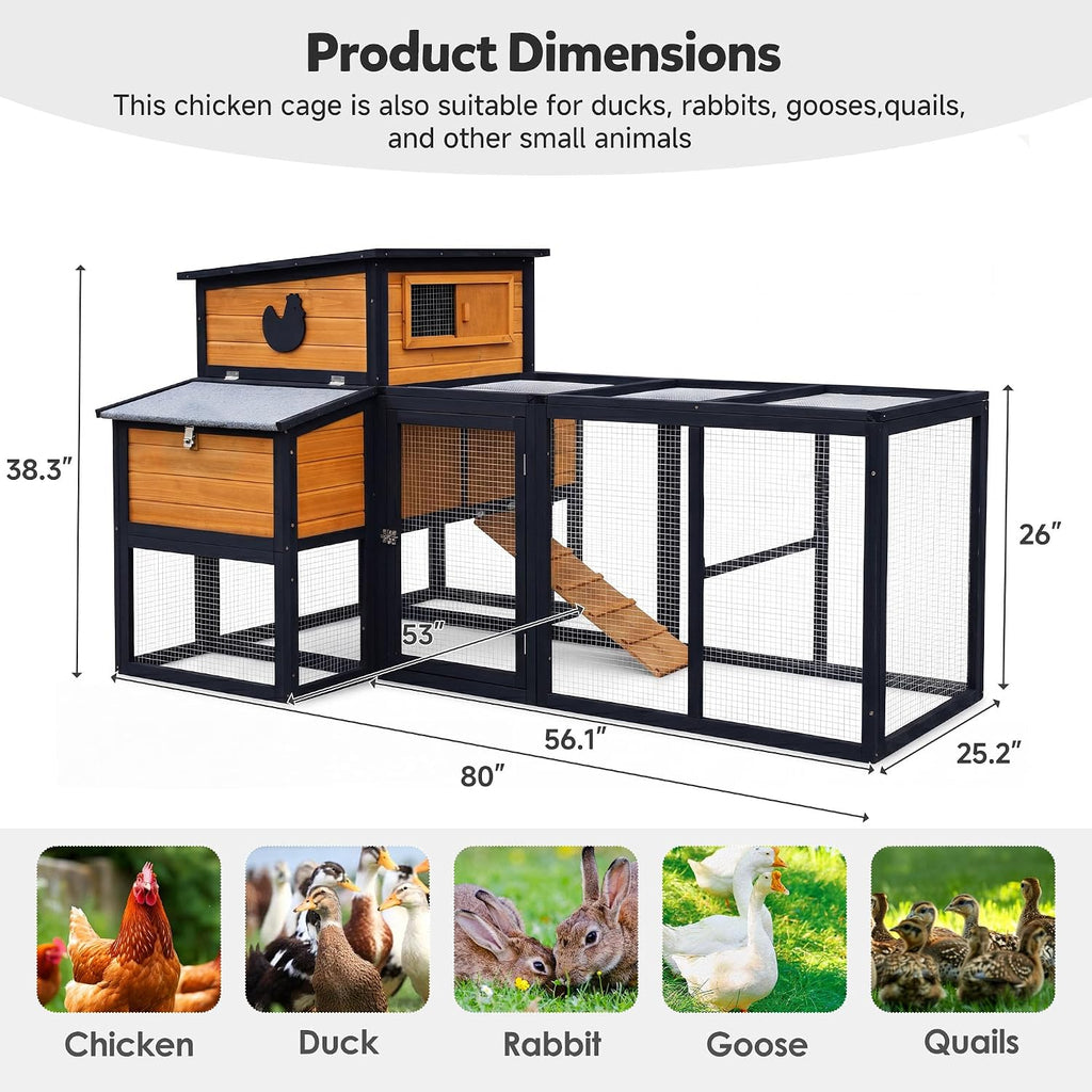 80" Large Wooden Chicken Coop with Run, Outdoor Hen House for 4-6 Chickens, Ventilation Window & Sliding Doors