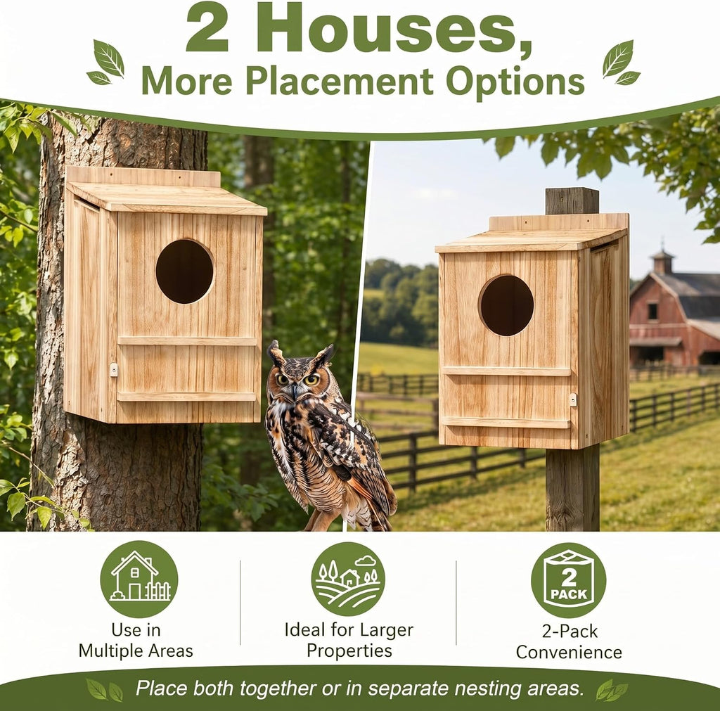 2 Pcs Owl House 16x12x11in Carbonized Wood Nesting Box for Owls