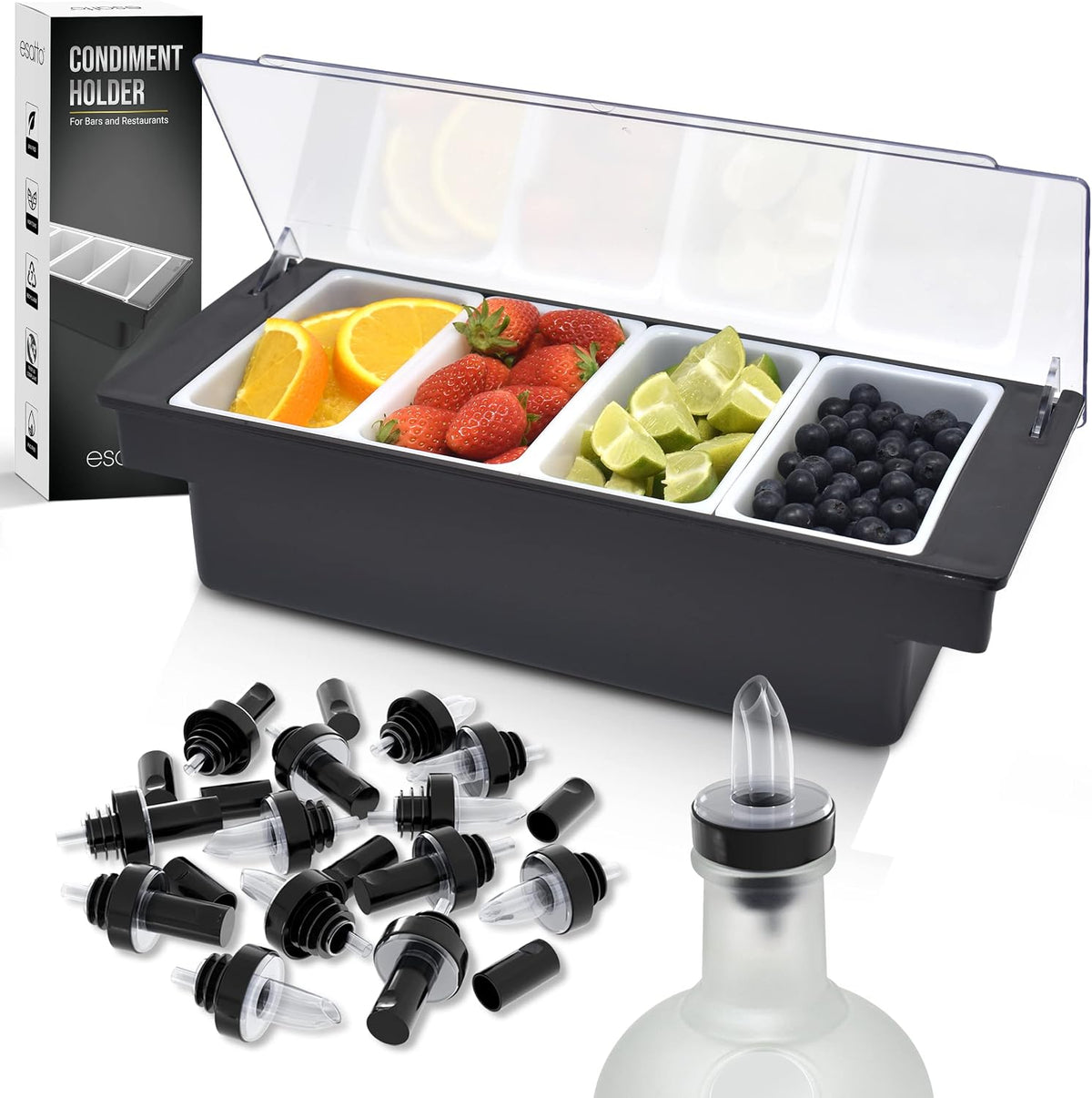 Bar Garnish Condiment Holder with Lids & Pourers, 4 Compartment