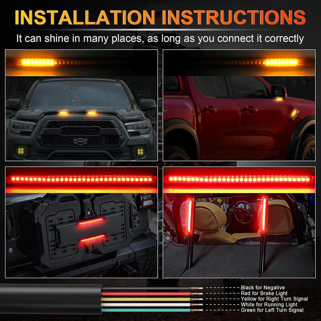 LivTee Universal 8" Flexible LED Light Strip with Tail Brake Stop Turn Signal Lights All-in-one for Motorcycle Scooter Quad Cruiser Off Road, Red/Amber