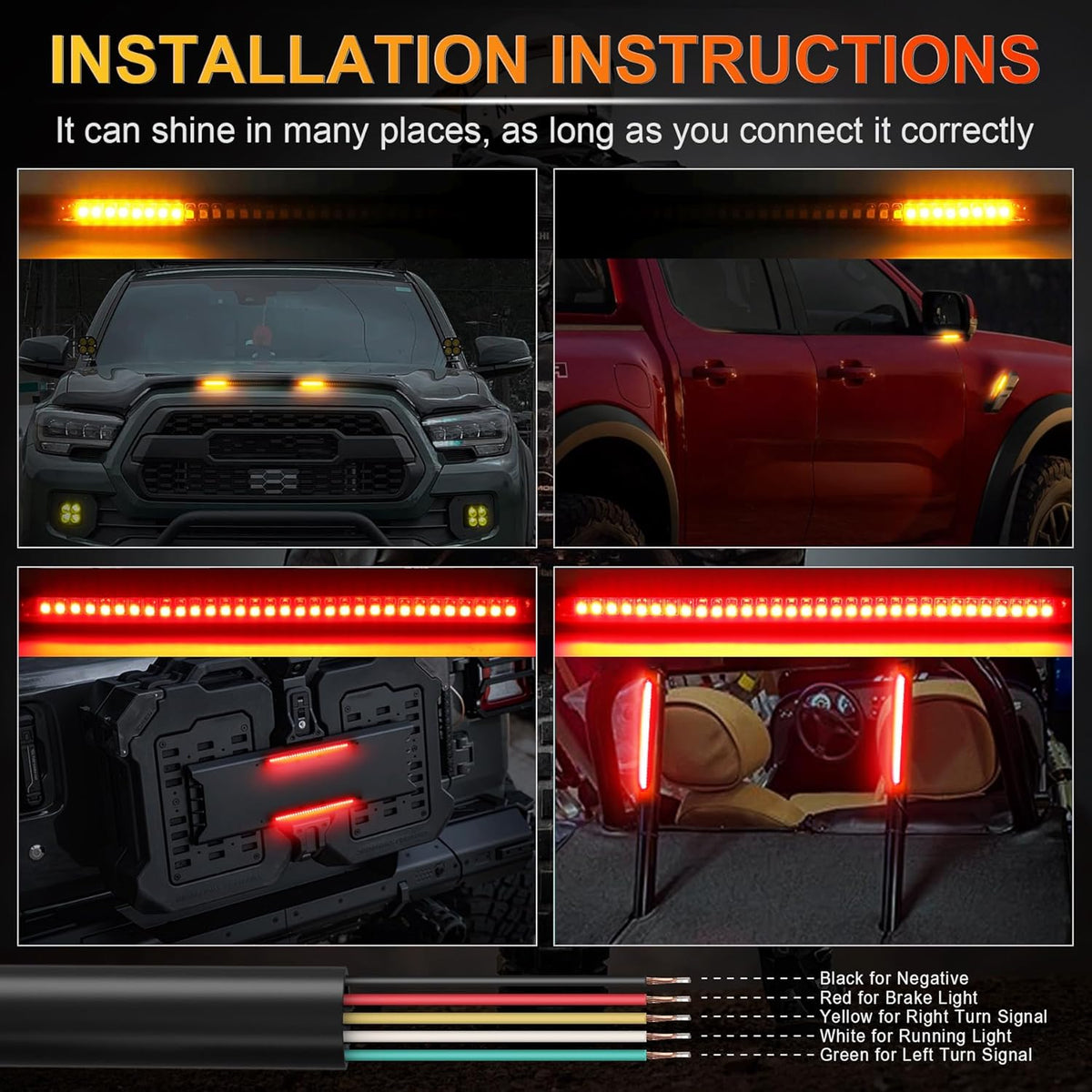 LivTee Universal 8" Flexible LED Light Strip with Tail Brake Stop Turn Signal Lights All-in-one for Motorcycle Scooter Quad Cruiser Off Road, Red/Amber
