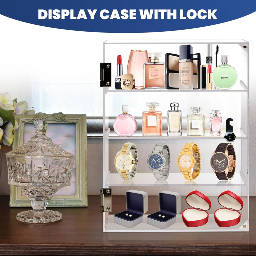 Acrylic Display Case with Lock Key, Removable 4-Tier Clear Acrylic Display Case with Shelves, Locking Countertop
