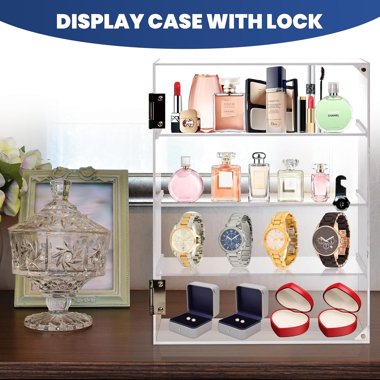 Acrylic Display Case with Lock Key, Removable 4-Tier Clear Acrylic Display Case with Shelves, Locking Countertop