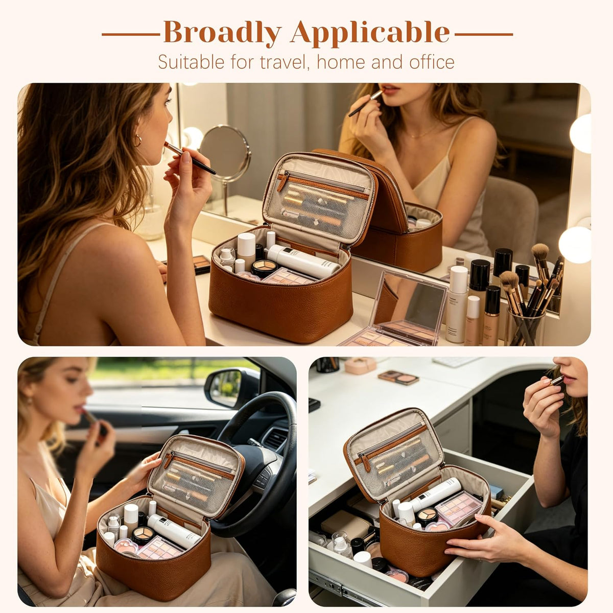 Genuine Leather Cosmetic Case, Top Handle Box Shape Makeup Bag