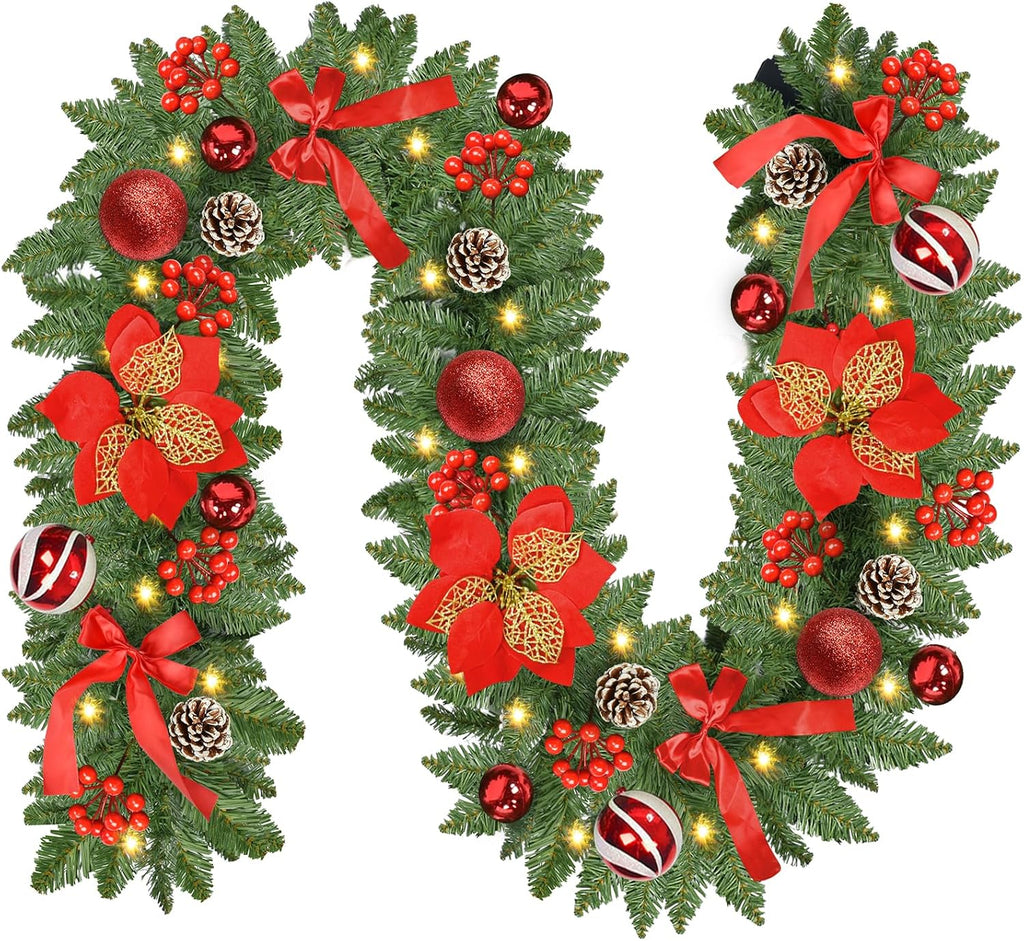Christmas Garland with Lights, 9FT 30 LED Prelit Christmas Garland with Pinecones, Flowers, Bows, Outdoor Indoor