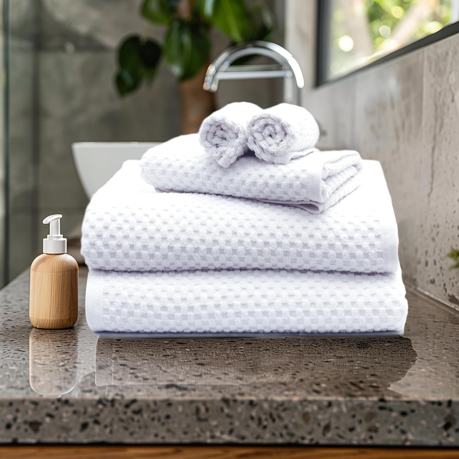 Euro Spa Waffle Weave 6 Piece Towel Set - 100% Cotton - White | 2 Oversized Luxurious Large Bath Towels, 2 Hand