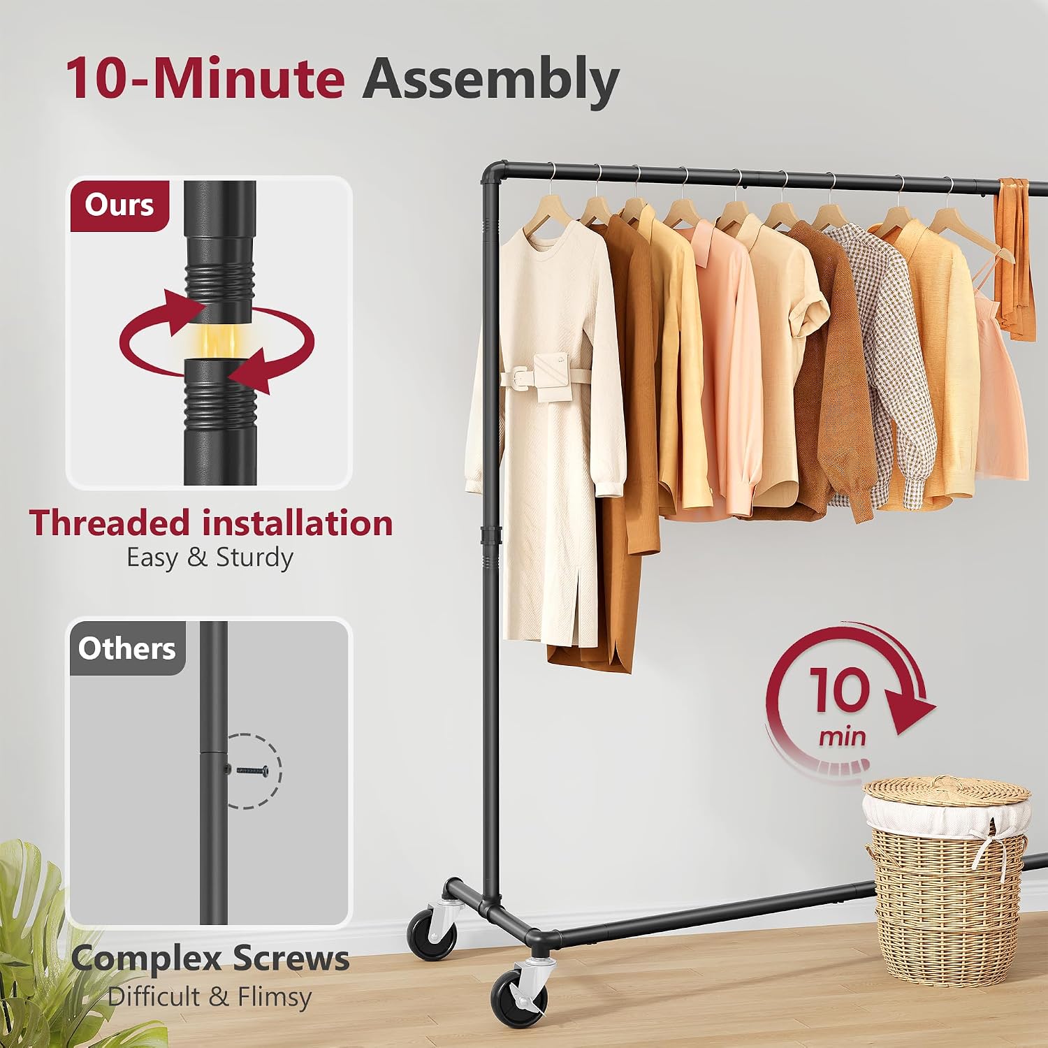 2 Packs Black Clothing Racks for Hanging Clothes Heavy Duty Z Racks | Industrial Clothing Rack with Wheels, Z Base